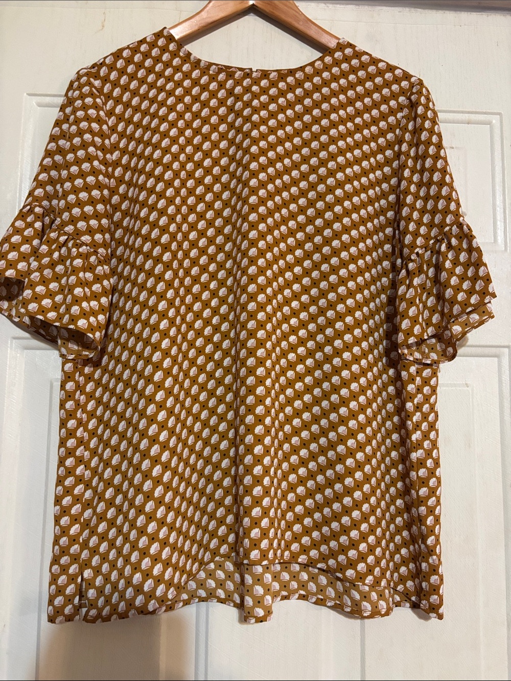 LOFT Mustard Dot Leaf Ruffle Sleeve Blouse